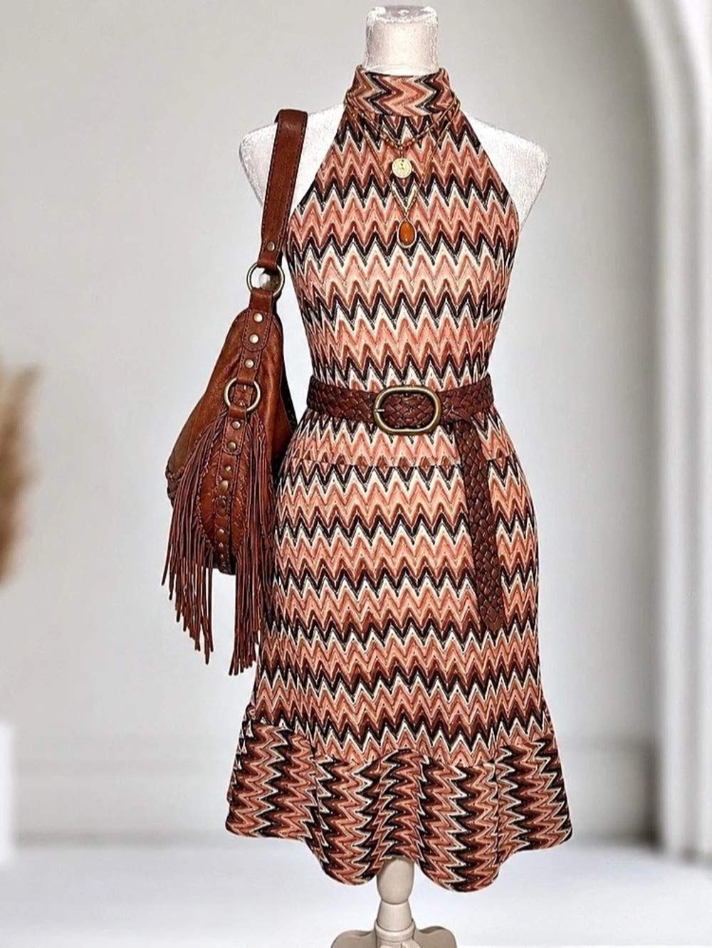 Donna Morgan Size 14 Chevron Crochet Knit Halter Midi Dress